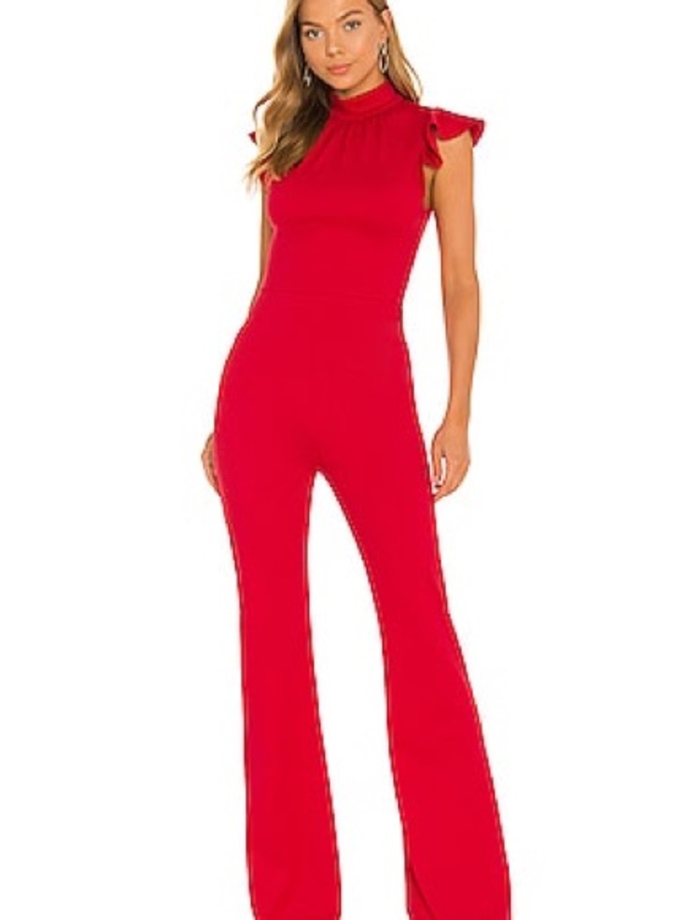 Amanda Uprichard Scarlet High-Neck Flutter-Sleeve Jumpsuit